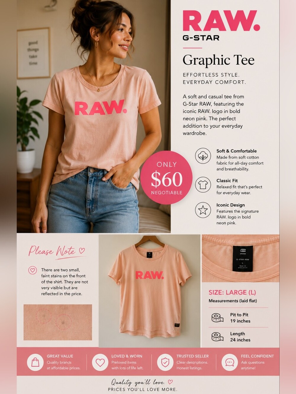 G-Star RAW Women's Short Sleeve Tee in Pale Peach with Neon Pink Logo